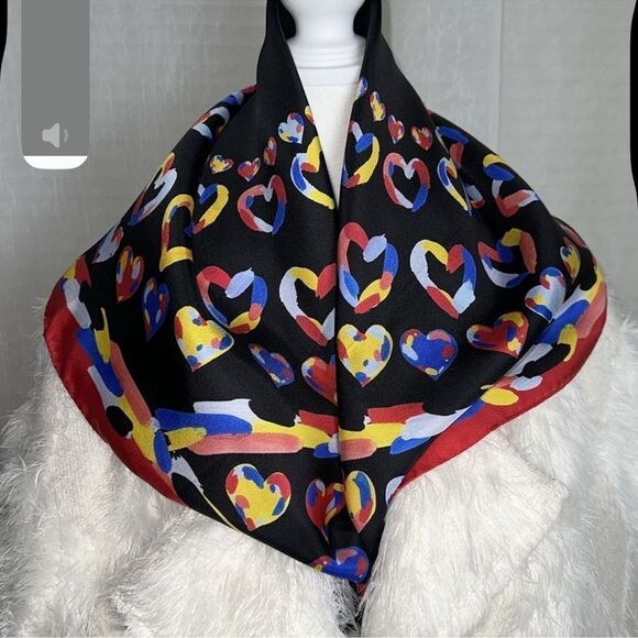 MOSCHINO Red Multicolored Hearts Silk Square Scarf - Picture 8 of 8